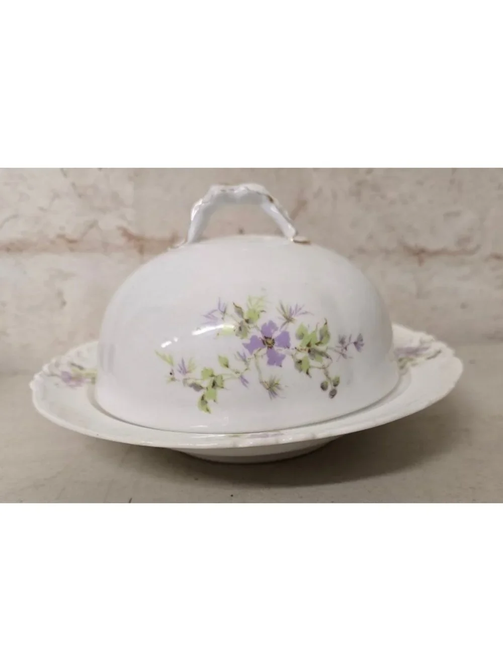 Antique Ceramic Covered Butter Dish Purple Floral Design Perforated Insert Plate